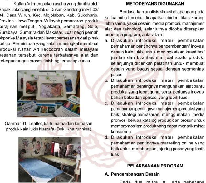 Gambar 01. Leaflet, kartu nama dan kemasan produk kain lukis Nasrafa (Dok. Khairunnisa)