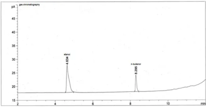 Gambar  1.  Kromatogram  larutan  standar  etanol  dan  n-butanol  ratio  1:1  konsentrasi 50 ppm