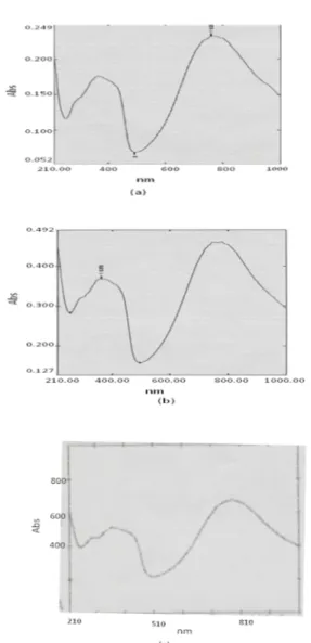 Gambar 4. Hasil UV-Visible (a) polianilin murni, (b) polianilin murni diradiasi 4 jam, dan (c)