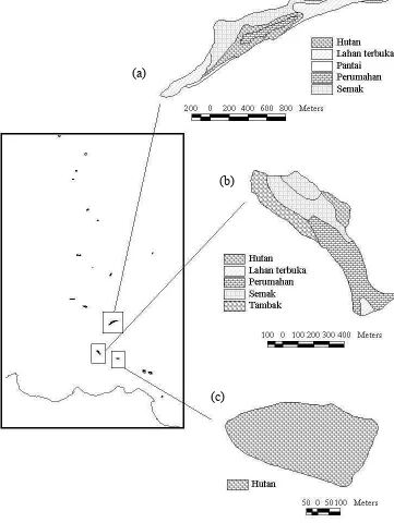 Gambar 5  Jenis penggunaan lahan dan bentuk pulau-pulau di Kepulauan Seribu; (a) Pulau Pari, (b) Pulau Lancang Besar, dan (c) Pulau Bokor 