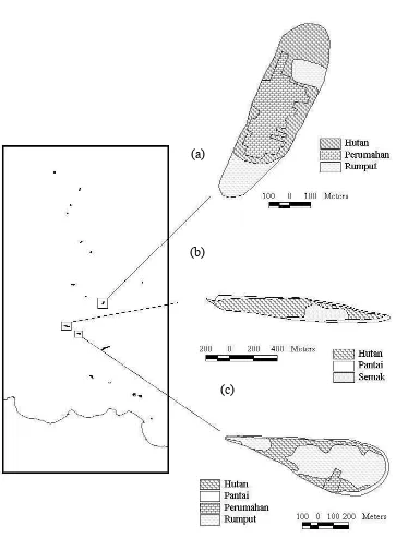 Gambar 6  Jenis penggunaan lahan dan bentuk pulau-pulau di Kepulauan Seribu; (a) Pulau Pramuka, (b) Pulau Tidung Kecil, dan (c) Pulau Payung Besar 