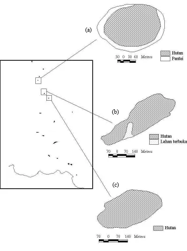 Gambar 8  Jenis penggunaan lahan dan bentuk pulau-pulau di Kepulauan Seribu; (a) Pulau Bundar, (b) Pulau Putri Barat, dan (c) Pulau Bira Kecil  