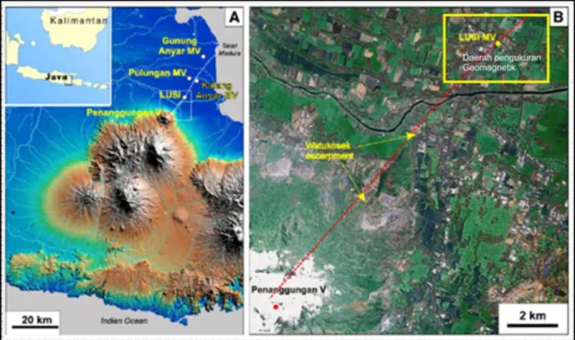 Gambar 1. Sistem gunung api Penanggungan dan jalur sesar Watukosek  di daerah Sidoarjo (Foto Google Earth dan modifikasi  Mazzini, 2007)