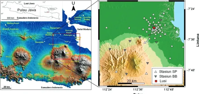 Gambar 1.  A) Peta Pulau Jawa (bagian kiri atas) dan peta elevasi daerah  bagian Timur Jawa dengan busur vulkanik dan   back arc   basin dibagian Timur Laut