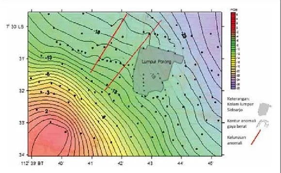 Gambar 9. Kelurusan struktur geologi yang ditunjukkan pola anomali gayaberat berarah selatan barat daya –  utara timur laut.