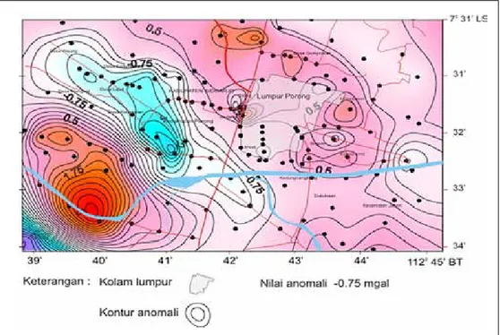 Gambar 10. Kontur anomali gayaberat residual daerah Porong, dengan interval 0,5 mgal.