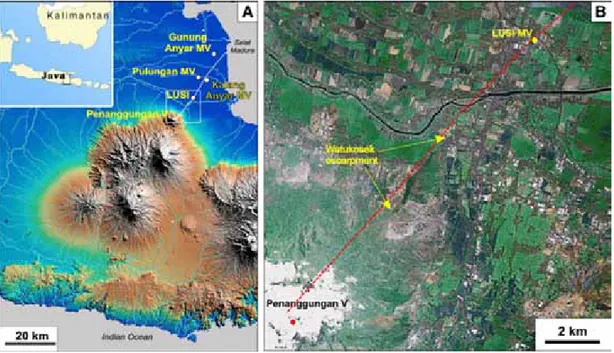 Gambar 5. Kelurusan geologi yang menghubungan Mud Volkano dan sesar Watukosek dari Gunung Penanggungan  kearah LUSI (Zaennudin et al., 2010).