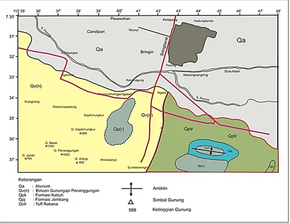 Gambar 7. Peta geologi daerah Porong yang disederhanakan (Santosa dan Suwarti, 1992). 