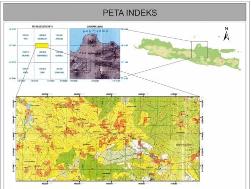 Gambar 1. Peta Indeks lokasi penelitian yang berada di Desa Gunungsari, Desa Repaking, Kecamatan  Wonosegoro, dan Desa Kemusu, Kecamatan Kemusu, Kabupaten Boyolali, Provinsi Jawa  Tengah