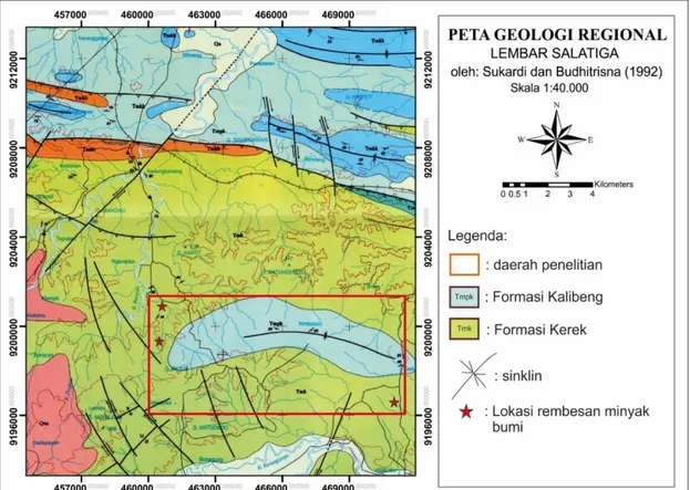 Gambar  2.  Peta  Geologi  daerah  penelitian  (kotak  berwarna  merah  pada  Peta  Geologi  Regional  Lembar  Salatiga)  daerah  penelitian  termasuk  dalam  Zona  Kendeng  bagian  barat  yang  tersusun oleh Formasi Kerek dan Formasi Kalibeng