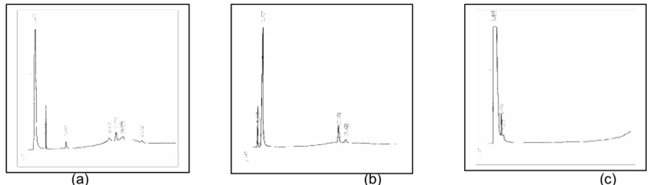 Gambar 3  Perbedaan kromatogram setelah proses elusi pada kolom ZAA (8a) setelah elusi dengan CCl 4 ,  (8b) hasil elusi dengan etanol, (8c) hasil elusi dengan aseton