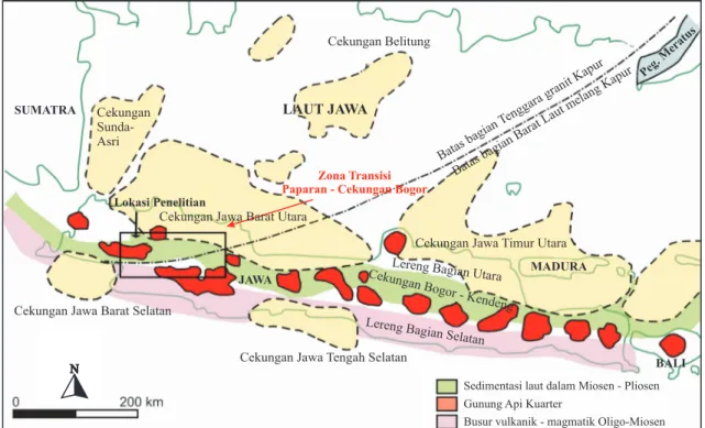 Gambar 1.  Cekungan Bogor sebagai cekungan busur-belakang magmatik Oligo-Miosen, yang kini sebagian ditutupi oleh  vulkanik Kuarter (Satyana &amp; Armandita, 2004).