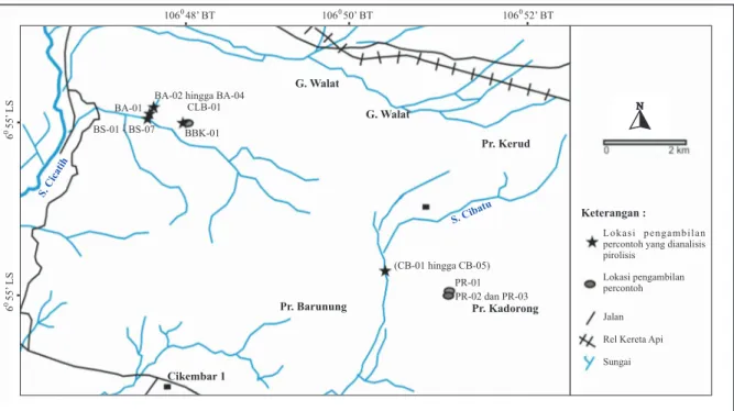 Gambar 3.  Peta lokasi pengambilan percontoh batuan di daerah penelitian.