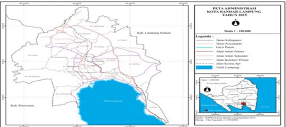 Gambar 3. Peta Administrasi Kota Bandar Lampung Tahun 2015  Topografi  adalah  tingkat  ketinggian 