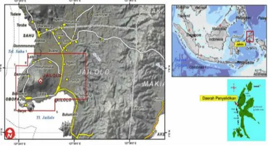 Gambar 2. Lokasi penelitian dan Lokasi Rencana pembangunan PLTP  Lokasi  penelitian  adalah  Desa  Idamdehe,  Kecamatan  Jailolo,  Kabupaten  Halmahera  Barat,  Provinsi  Maluku  Utara