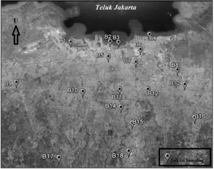 Gambar 2. Peta lokasi pengambilan sampel air tanah akuifer dalam daerah Jakarta dan sekitarnya  Berdasarkan  data  pada  Tabel  2  terlihat  bahwa 