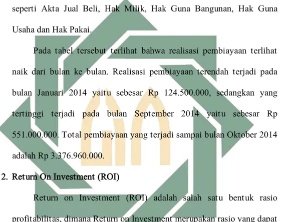 Tabel di atas ialah tabel realisasi pembiayaan KJKS Sri Sejahtera  Surabaya  pada  tahun  2014  sampai  bulan  Oktober  2014  dimana  sudah  diberlakukan  kebijakan  mengenai  pembatasan  jaminan  yang  digunakan  untuk pembiayaan yaitu hanya terbatas pada