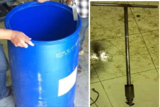 Gambar 4. 6 (a)  Drum plastik untuk tempat tanah, (b) Bor tangan 