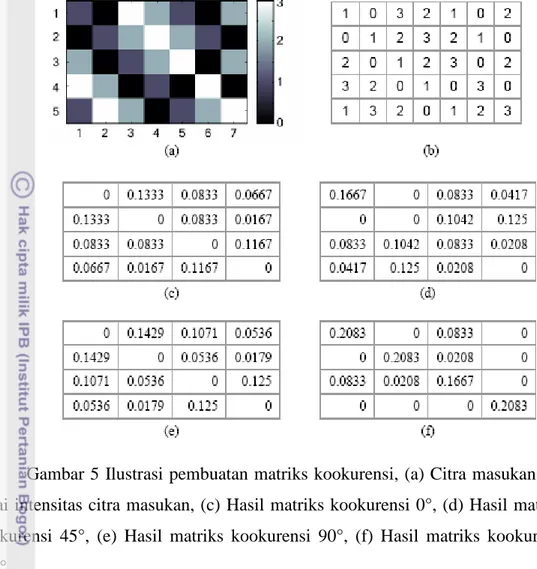 Gambar 5 Ilustrasi pembuatan matriks kookurensi, (a) Citra masukan,  (b)  Nilai intensitas citra masukan, (c) Hasil matriks kookurensi 0°, (d) Hasil matriks  kookurensi 45°,  (e) Hasil matriks kookurensi 90°,  (f) Hasil matriks kookurensi  135°
