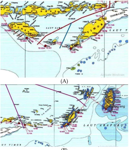 Gambar 11. Pulau terluar yang berdekatan dengan (A) ALKI III A bagian selatan dan  ALKI III D (B) ALKI III B dan ALKI III C 