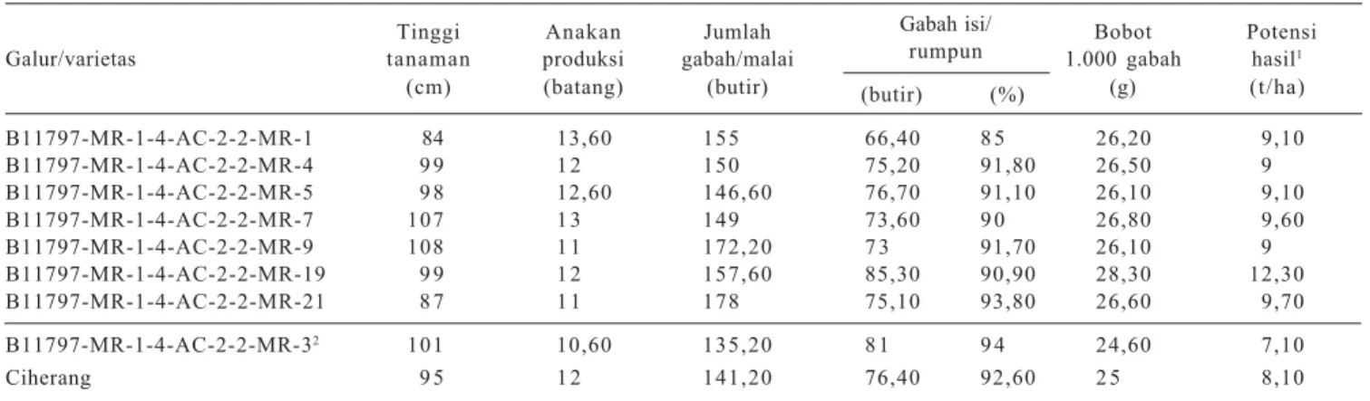Tabel 7. Komponen hasil galur haploid ganda padi tipe baru (PTB) pada MT I, 2007.
