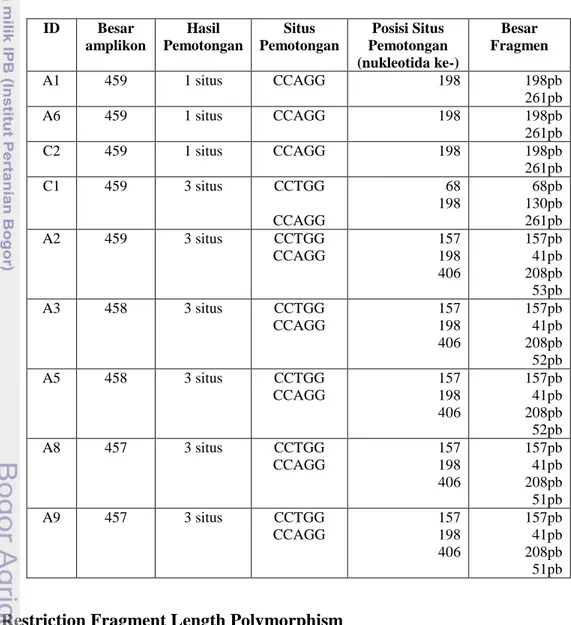 Tabel 4  Data sekuens produk PCR VHBGi regio Pre-S1  dan situs pemotongan dari enzim restriksi BSt2UI  