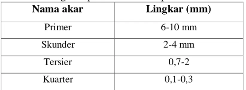 Tabel 2.1 Pengelompokan Akar Kelapa Sawit  Berdasarkan Lingkar 