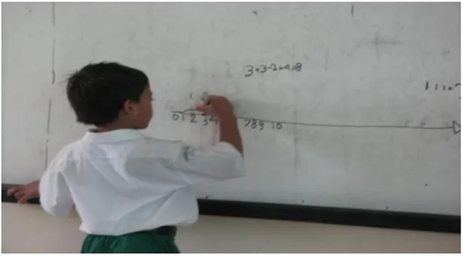 Gambar 13. Hafiz menuliskan strateginya  Kemudian  membuat  panah  yang  menghubungkan  dari  angka  “0”  ke  angka 