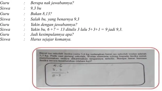 Gambar 9. Jawaban siswa menjumlahkan bilangan desimal 