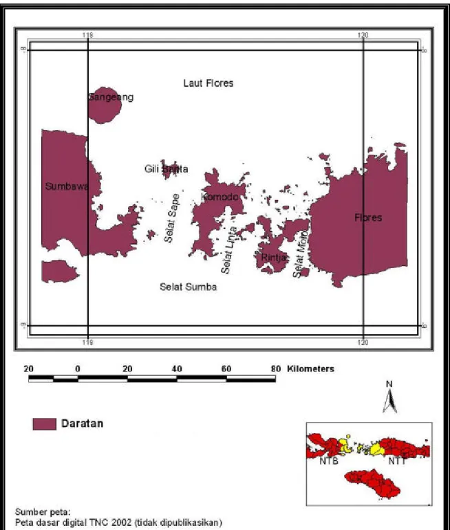 Gambar 3. Daerah penelitian (Laut Flores, Selat dan pulau-pulau, Selat Sumba) di  perairan sekitar Taman Nasional Komodo