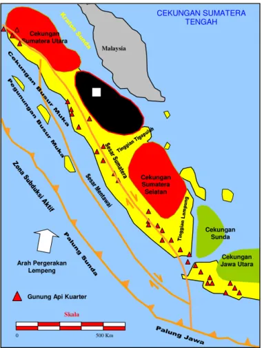 Gambar  II.1.  Kerangka  tektonik  regional  Cekungan  Sumatera  Tengah  (Heidrick  dan Aulia, 1993) 
