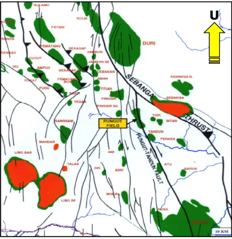 Gambar  II.2  Struktur  geologi  yang  berkembang  di  Cekungan  Sumatera  Tengah  dan  lapangan  Pungut  yang  terbentuk  pada  jalur  sesar  mendatar  berarah  relatih  utara-selatan NNW-SSE (laporan internal PT