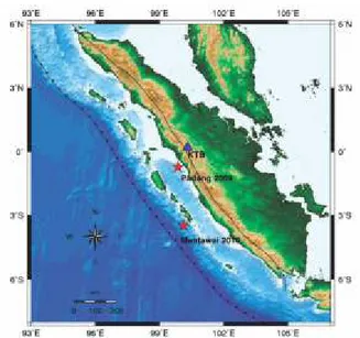 Gambar 5. Episenter gempa Padang 2009 (Mw=7,6; Jarak 141  km  dari  KTB)  dan  gempabumi  Mentawai  2010  (Mw=7,8;  Jarak  358  km  dari  KTB)  ( ,  Bintang  Merah) dan Stasiun KTB ( , Segitiga Biru)