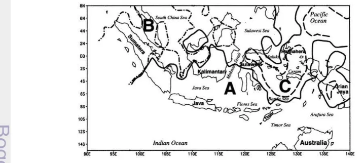 Gambar 2  Peta pola curah hujan di Indonesia. Sumber: Aldrian dan Susanto 2003. 