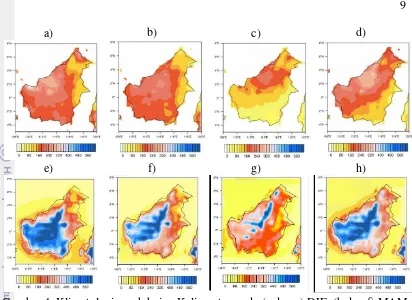 Gambar 4  Klimatologi curah hujan Kalimantan pada (a dan e) DJF, (b dan f) MAM, 