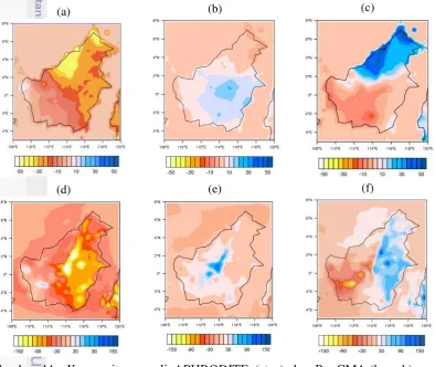 Gambar 11  Komposit anomali APHRODITE (atas) dan RegCM4 (bawah) saat periode (a dan d) El Nino, (b dan e) Normal dan (c dan f) La Nina tahun 1982-2000 