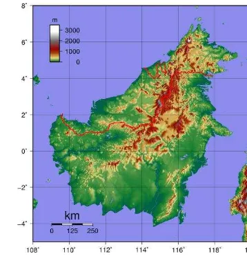 Gambar 14  Peta topografi Pulau Kalimantan. Sumber: Badan Informasi Geospasial  