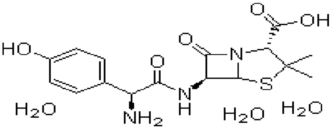 Gambar 2.1 Rumus Bangun Amoksisilin Trihidrat (USP XXX, 2007)             Rumus molekul       :  C 16 H 19 N 3 O 5 S.3H 2 O 