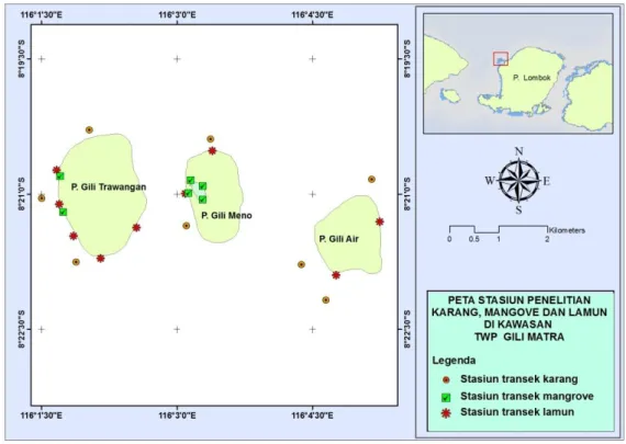 Gambar 1. Peta lokasi penelitian di perairan TWP Gili Matra, September 2014  Metode analisis dilakukan menggunakan metode penginderaan jauh