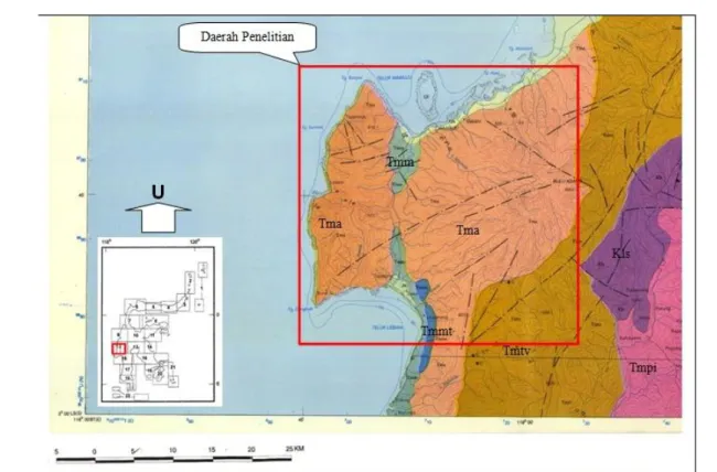 Gambar 2. Geologi regional daerah penelitian (kotak merah) terdiri atas batuan gunung api Talaya (Tmtv), batuan  gunung  api  Adang  (Tma),  batugamping  Formasi  Mamuju  (Tmm),  batugamping  Anggota  Tapalang  Formasi  Mamuju (Tmmt), batugamping koral (Qt