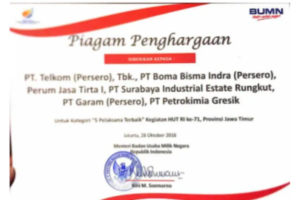 Gambar 1.3. Piagam Penghargaan Pelaksana Terbaik Provinsi Jawa Timur  Sumber: Arsip Public Relations Telkom Regional V, 2016 