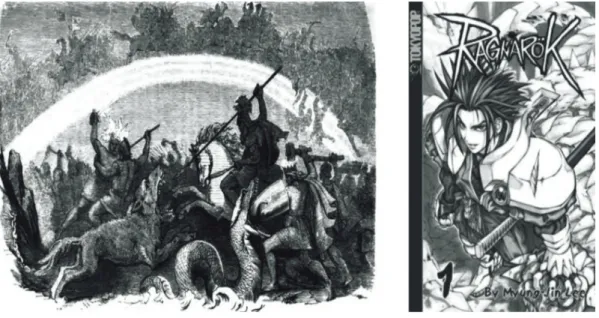 Gambar 1-1. Pertempuran Ragnarok dalam Mitologi Nordik karya F.W.H. Eine (kiri) &amp; Komik Ragnarok Volume  1 karya Lee Myung Jin (kanan)