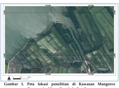 Gambar  1.  Peta  lokasi  penelitian  di  Kawasan  Mangrove  Banyuurip, Ujung Pangkah-Gresik 