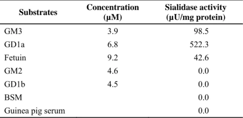 Table 2.  Substrate specificity of sialidase from horse liver  Substrates  Concentration  (µM)  Sialidase activity (µU/mg protein)  GM3 3.9  98.5  GD1a 6.8  522.3  Fetuin 9.2 42.6  GM2 4.6  0.0  GD1b 4.5 0.0  BSM   0.0 