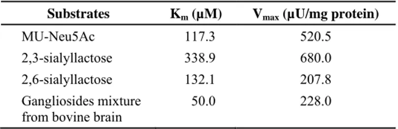 Table 3.  The K m  and V max  values for various sialidase substrates  Substrates K m  (µM)  V max  (µU/mg protein)  MU-Neu5Ac 117.3 520.5  2,3-sialyllactose 338.9  680.0  2,6-sialyllactose 132.1  207.8  Gangliosides mixture 