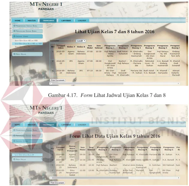 Gambar 4.17.  Form Lihat Jadwal Ujian Kelas 7 dan 8 