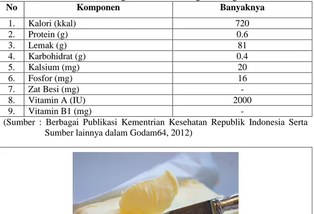 Tabel 1. Kandungan Gizi dalam 100 gram Margarin  No  Komponen  Banyaknya  1.  Kalori (kkal)  720  2