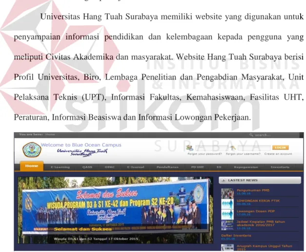 Gambar 3.1  Homepage Website Universitas Hang Tuah Surabaya   Informasi  beasiswa  dan  lowongan  pekerjaan  melalui  portal  resmi  Universitas Hang Tuah Surabaya memiliki beberapa informasi, antara lain 