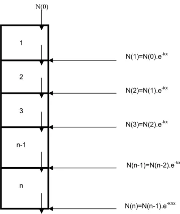 Gambar 1. Model perhitungan nilai konsentrasi nitrat terbuang dari petak tipe seri  Nilai terakhir dari outlet petak sawah terakhir sebesar  N ( n ) = N ( n − 1 )