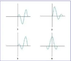 Gambar 4. Jenis-jenis phase wavelet wavelet berdasarkan konsentrasi energinya, yaitu mixed (1), minimum phase wavelet (2), maximum phase wavelet (3), dan zero phase wavelet (4) (Sismanto, 2006) 